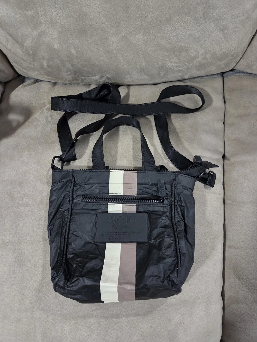 Aloha Collextion Black Crossbody Tote with Cream and Taupe Stripes